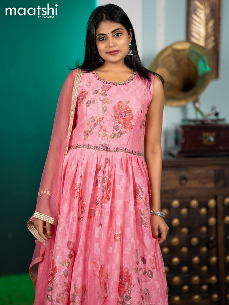 Chiffon readymade anarkali salwar suits light pink with floral prints & mirror embroidery work neck pattern and straight cut pant & netted dupatta