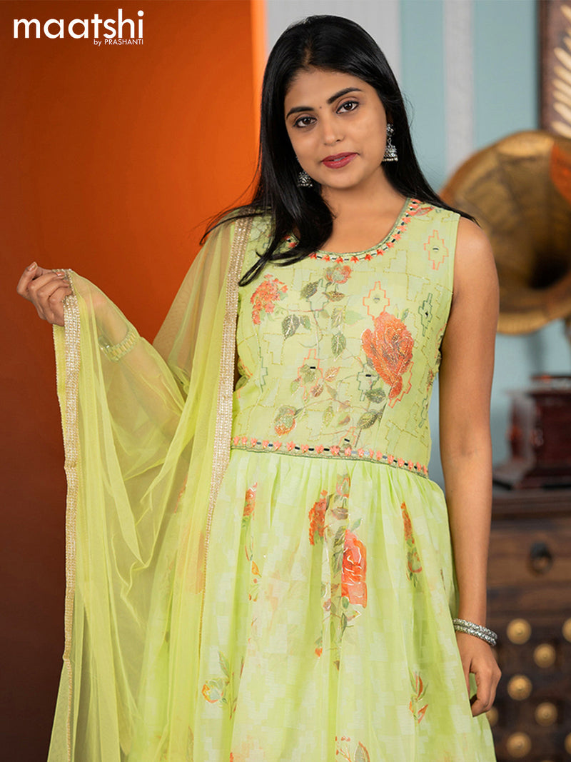 Chiffon readymade anarkali salwar suits pista green with floral prints & mirror embroidery work neck pattern and straight cut pant & netted dupatta
