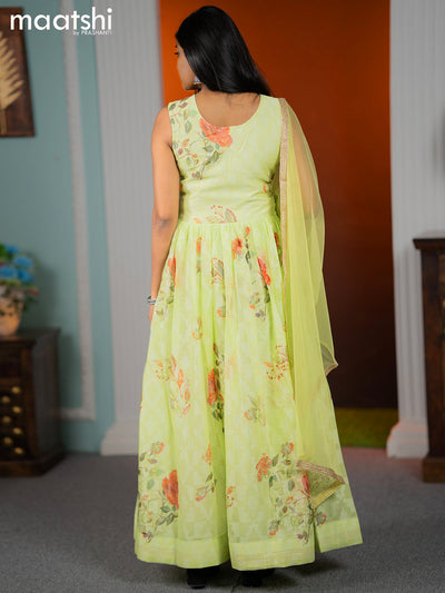 Chiffon readymade anarkali salwar suits pista green with floral prints & mirror embroidery work neck pattern and straight cut pant & netted dupatta
