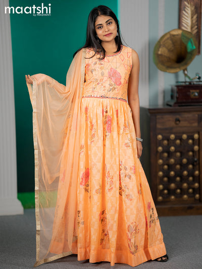 Chiffon readymade anarkali salwar suits peach orange with floral prints & mirror embroidery work neck pattern and straight cut pant & netted dupatta