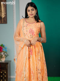 Chiffon readymade anarkali salwar suit peach orange with floral prints & mirror embroidery work neck pattern and straight cut pant & netted dupatta