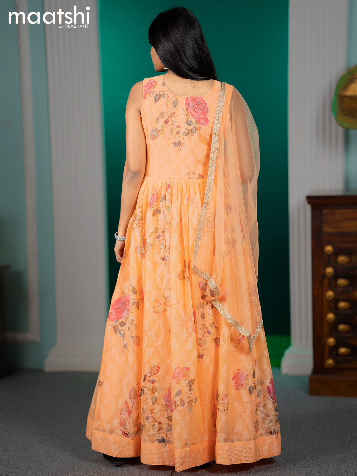 Chiffon readymade anarkali salwar suit peach orange with floral prints & mirror embroidery work neck pattern and straight cut pant & netted dupatta