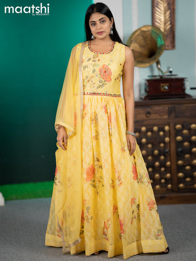 Chiffon readymade anarkali salwar suits yellow with floral prints & mirror embroidery work neck pattern and straight cut pant & netted dupatta
