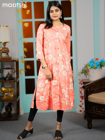 Rayon readymade A-line kurti peach orange with allover floral prints & simple neck pattern without pant