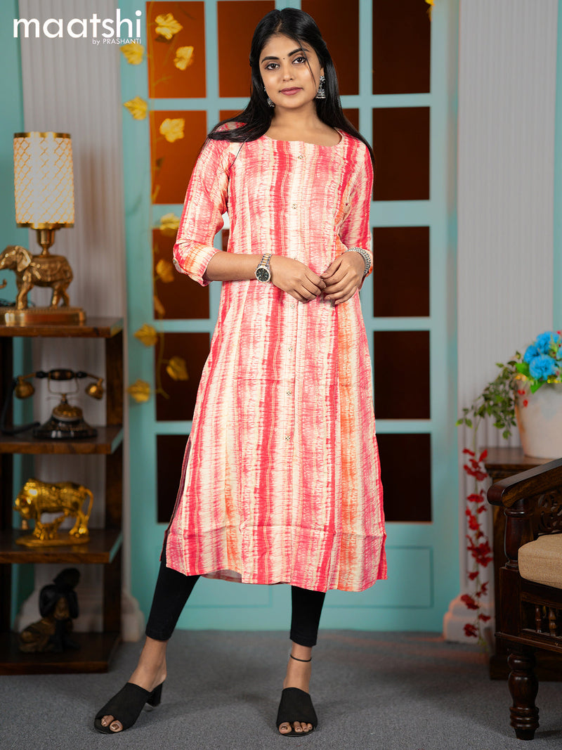 Rayon readymade A-line kurti peach pink and orange with allover batik prints & simple neck pattern without pant