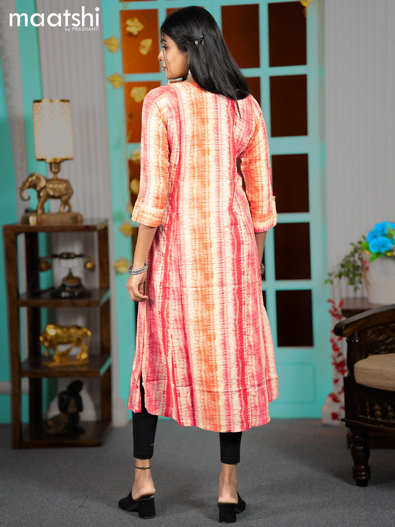 Rayon readymade A-line kurti peach pink and orange with allover batik prints & simple neck pattern without pant
