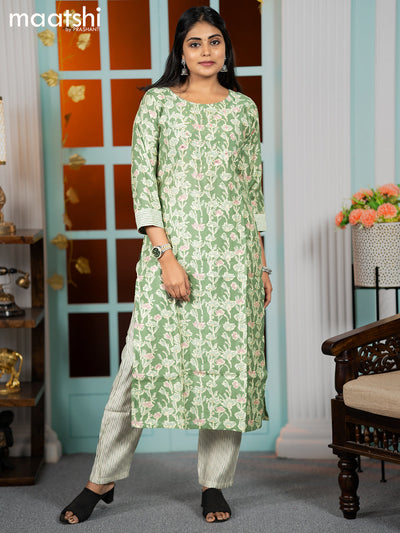 Modal readymade kurti green shade and beige with batik prints & mirror work neck pattern and straight cut pant