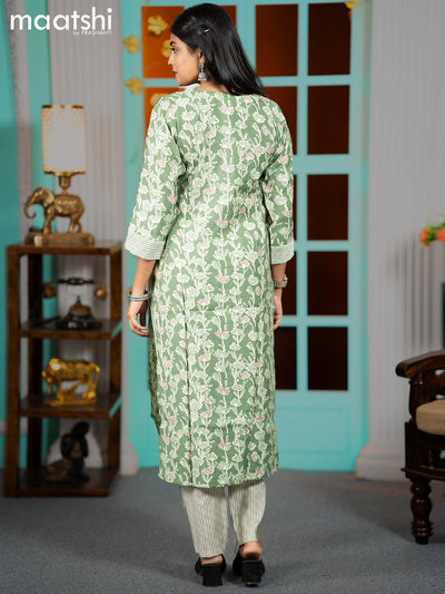 Modal readymade kurti green shade and beige with batik prints & mirror work neck pattern and straight cut pant
