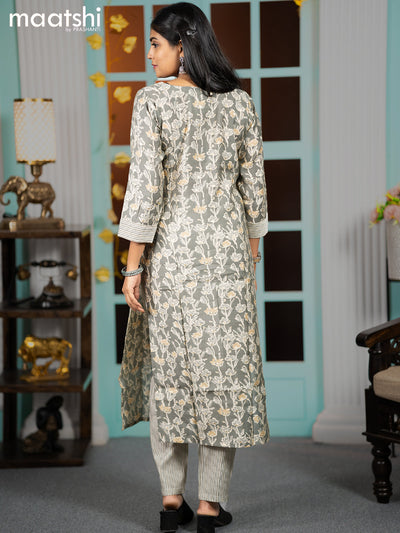 Modal readymade kurti grey and off white with batik prints & mirror work neck pattern and straight cut pant
