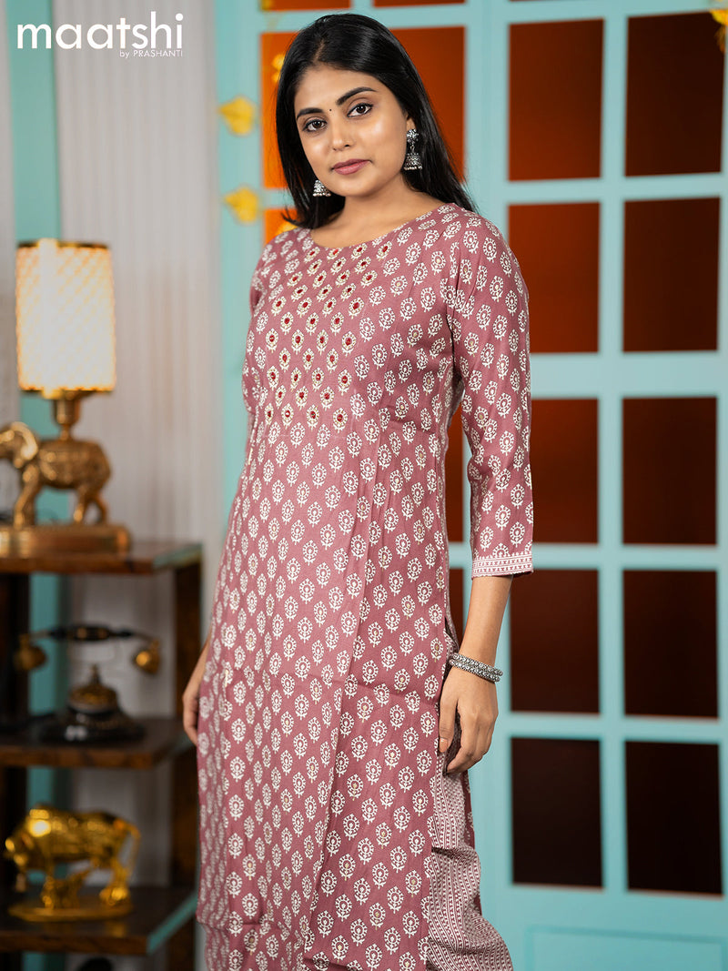 Modal readymade kurti pastel maroon shade with allover butta prints & embroidery work neck pattern and straight cut pant