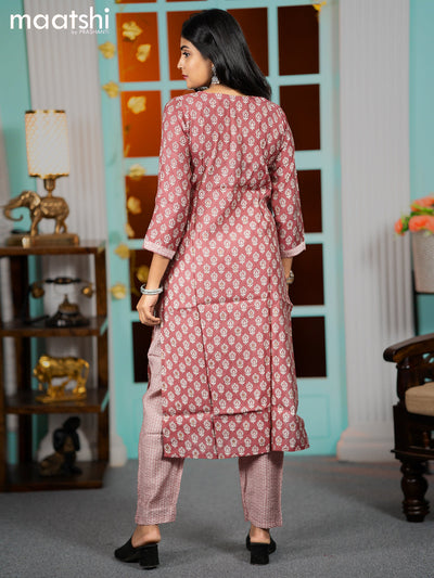 Modal readymade kurti pastel maroon shade with allover butta prints & embroidery work neck pattern and straight cut pant