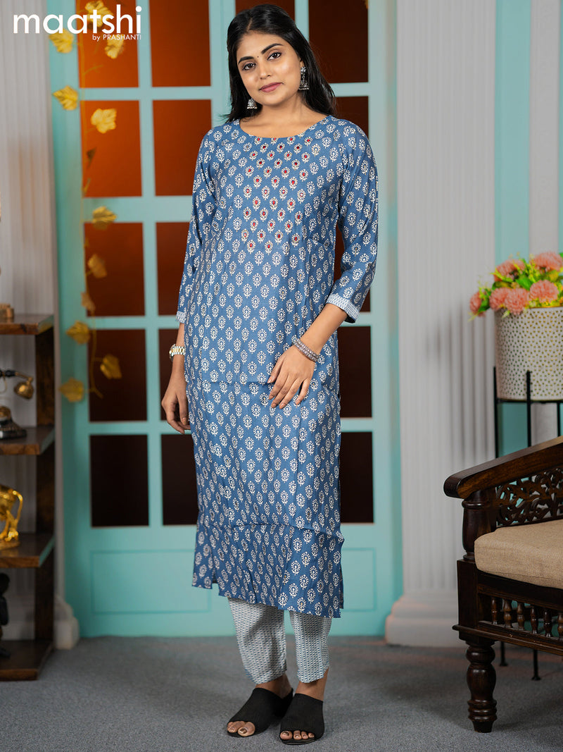 Modal readymade kurti blue shade and off white with allover butta prints & embroidery work neck pattern and straight cut pant
