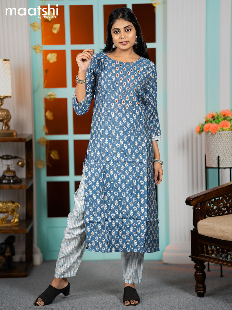 Modal readymade kurti blue shade and off white with allover butta prints & embroidery work neck pattern and straight cut pant