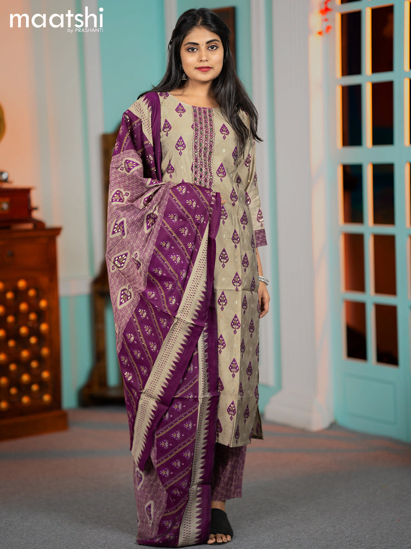Modal readymade salwar suits grey and purple with ikat butta prints & mirror work neck pattern and straight cut pant & dupatta