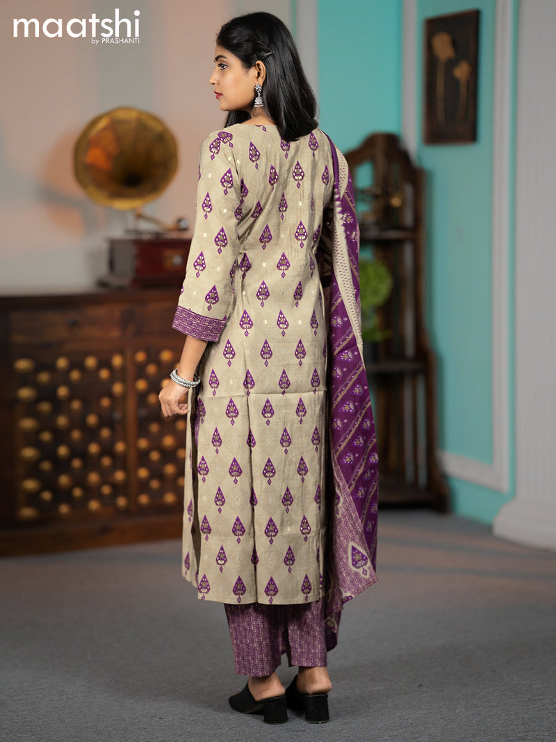 Modal readymade salwar suits grey and purple with ikat butta prints & mirror work neck pattern and straight cut pant & dupatta