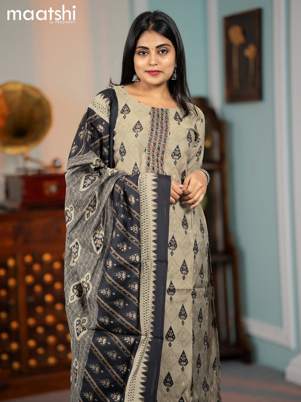 Modal readymade salwar suits grey and black with ikat butta prints & mirror work neck pattern and straight cut pant & dupatta