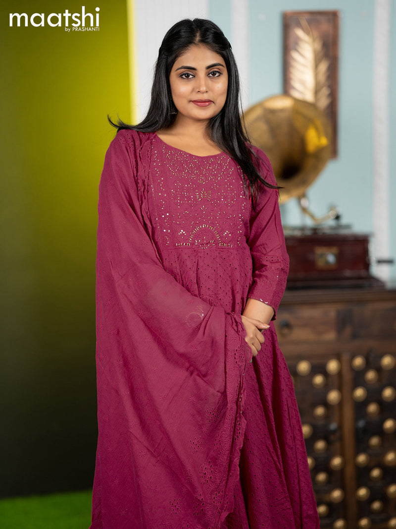 Cotton readymade anarkali salwar suits pink with hakoba work & beaded work neck pattern and palazzo pant & dupatta