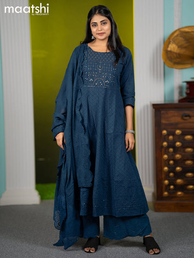 Cotton readymade anarkali salwar suits dark blue with hakoba work & beaded work neck pattern and palazzo pant & dupatta