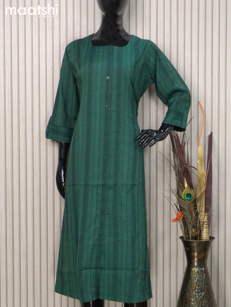 Cotton readymade kurti bottle green with allover thread weaves & simple neck pattern without pant