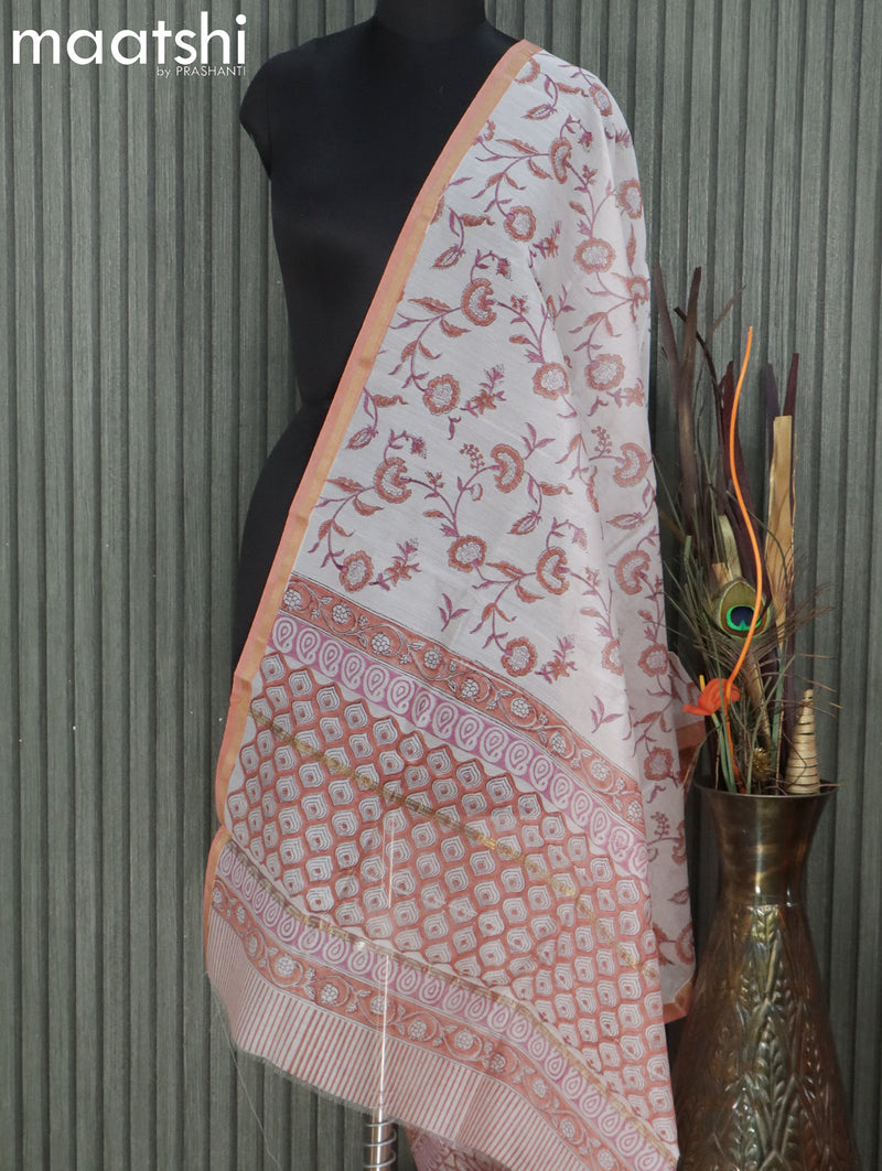 Chanderi dupatta off white and peach shade with floral prints and small zari woven border