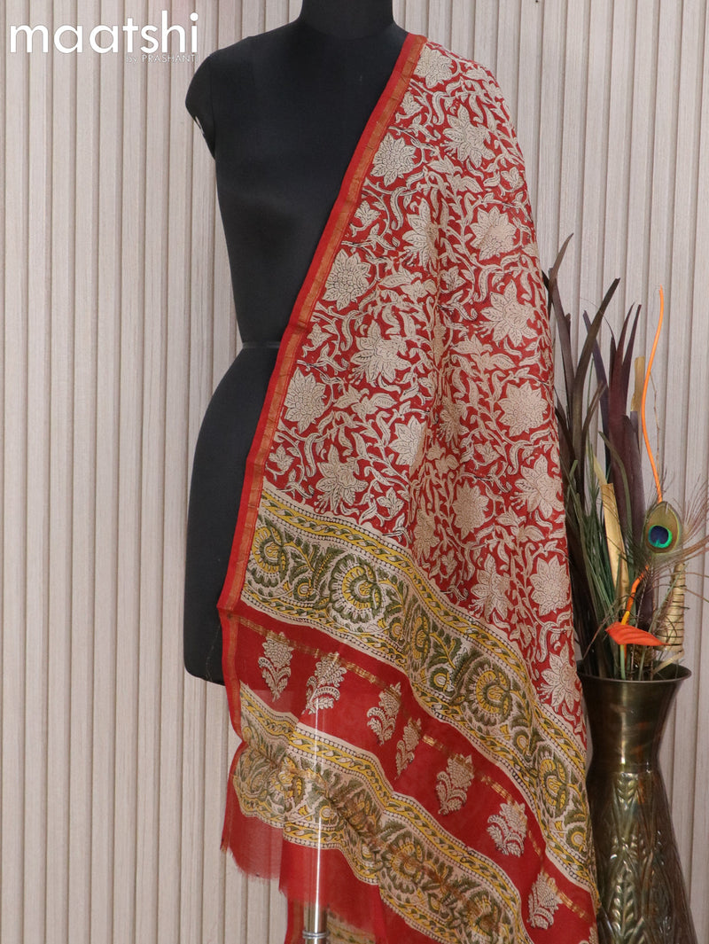 Chanderi dupatta maroon with kalamkari prints and small zari woven border