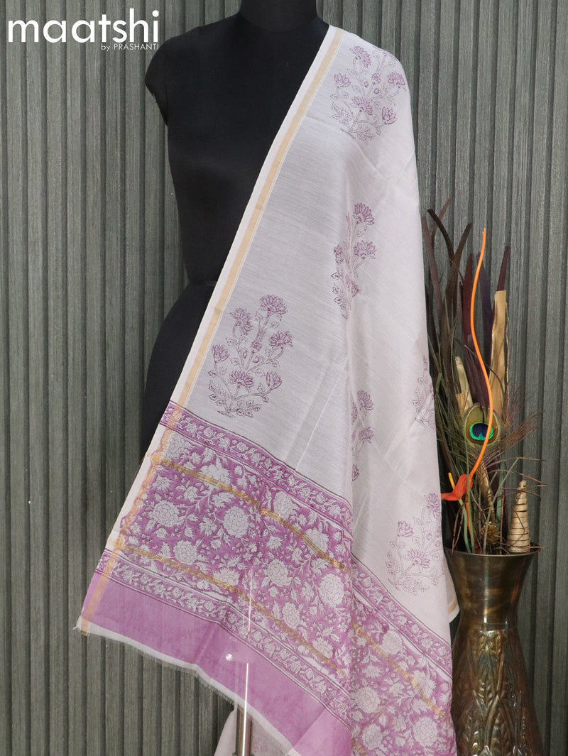 Chanderi dupatta off white with floral prints and small zari woven border