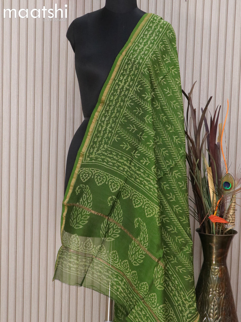 Chanderi dupatta green with allover prints and small zari woven border