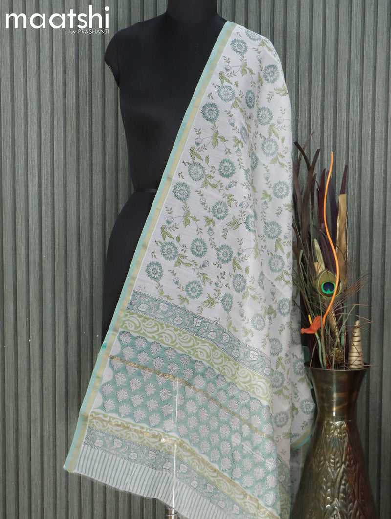 Chanderi dupatta off white and blue shade with floral prints and small zari woven border