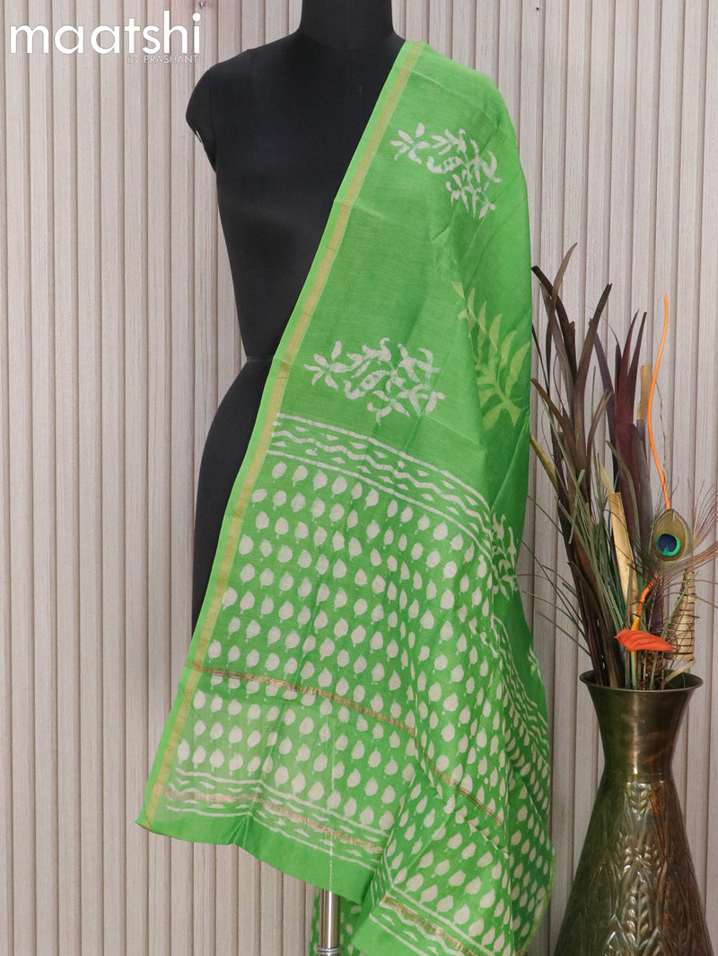 Chanderi dupatta parrot green with batik prints and small zari woven border