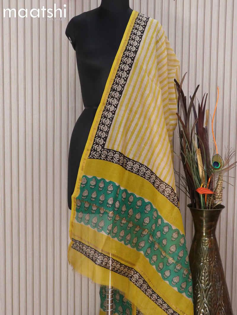 Chanderi dupatta beige and lime yellow with allover stripes pattern and small zari woven border