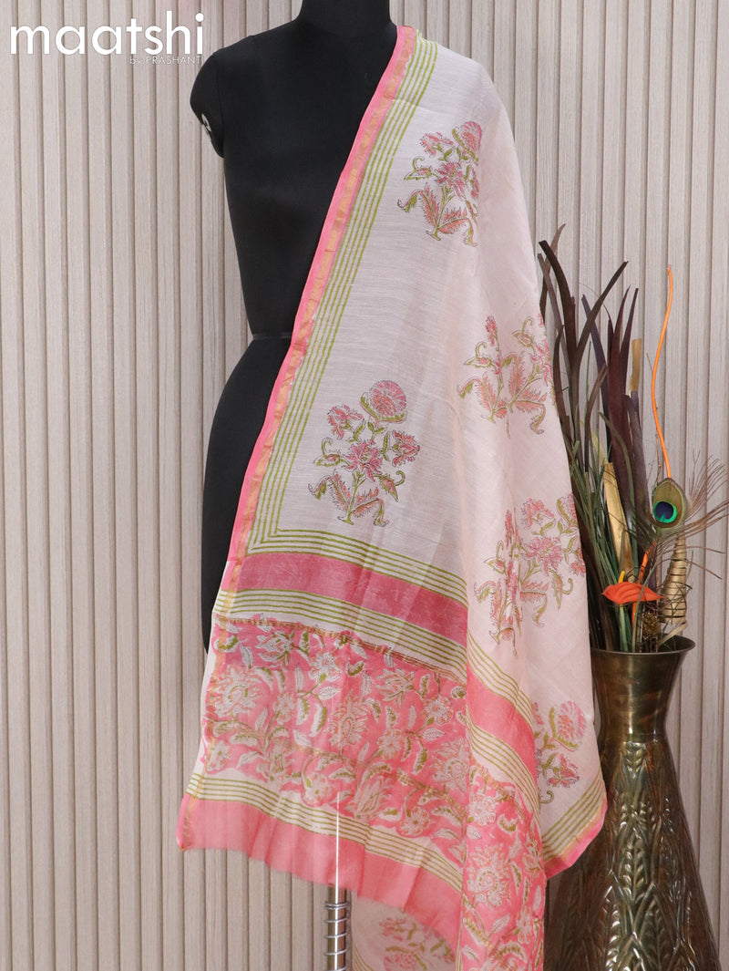 Chanderi dupatta peach shade and light pink with floral prints and small zari woven border