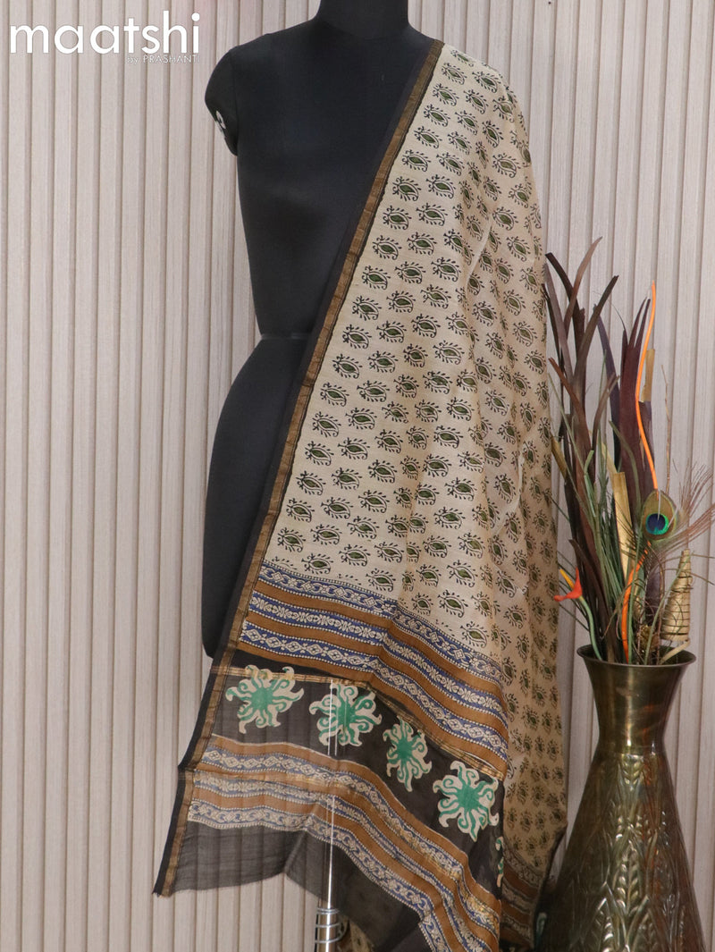 Chanderi dupatta beige and black with paisley butta prints and small zari woven border