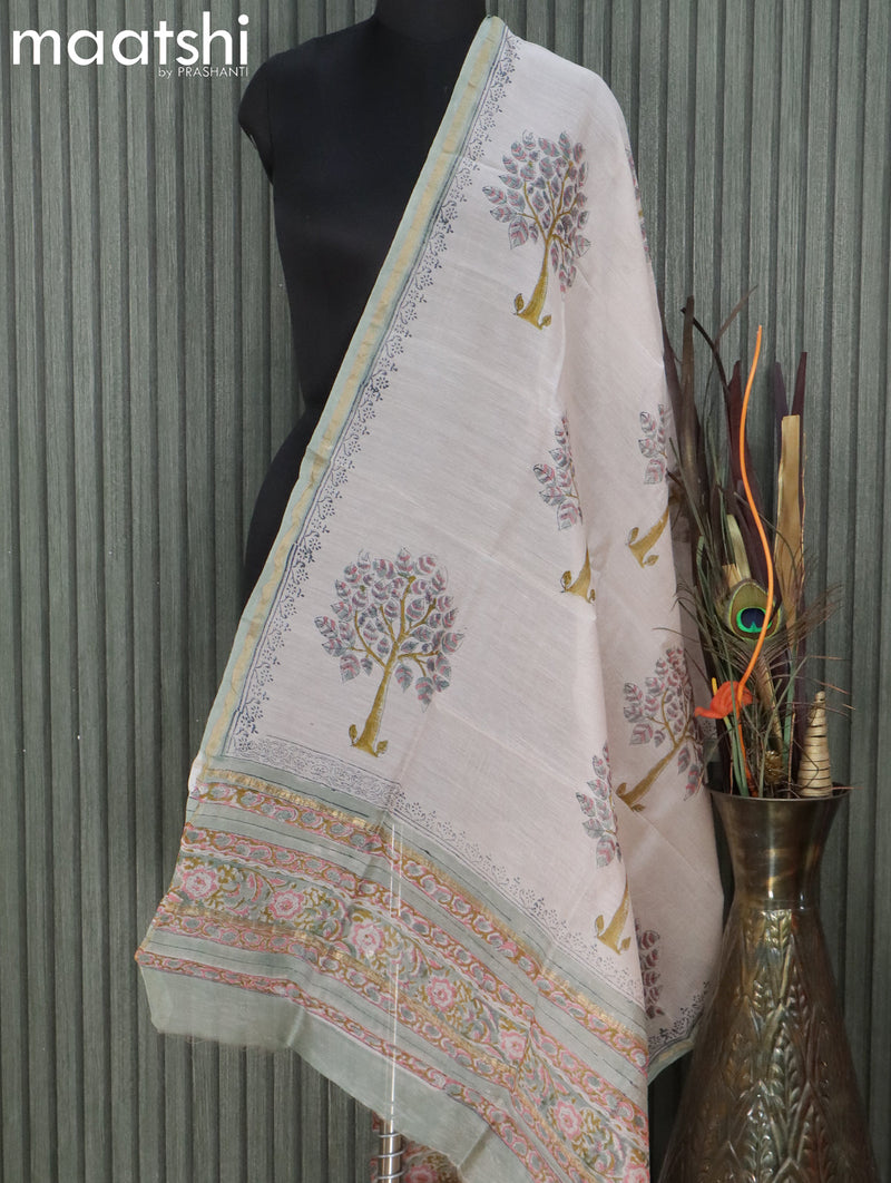 Chanderi dupatta off white and green shade with allover prints and small zari woven border