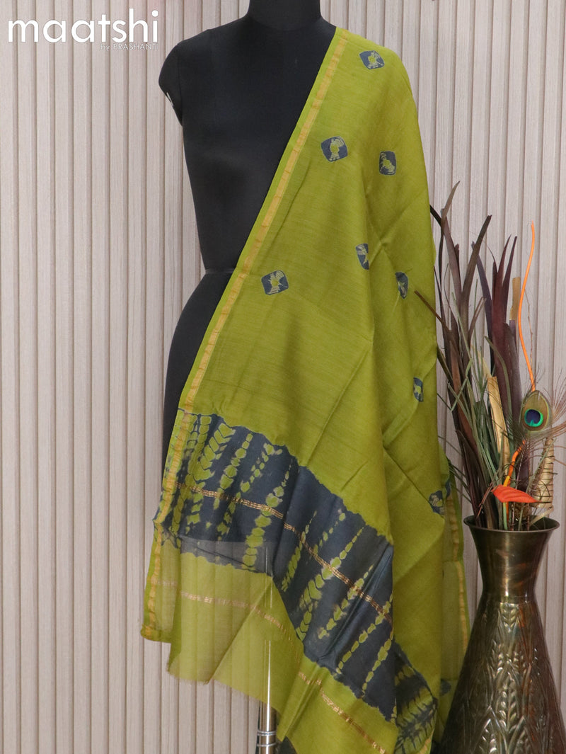 Chanderi dupatta green shade with batik butta prints and small zari woven border