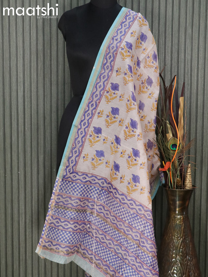 Chanderi dupatta off white and light blue with floral butta prints and small zari woven border