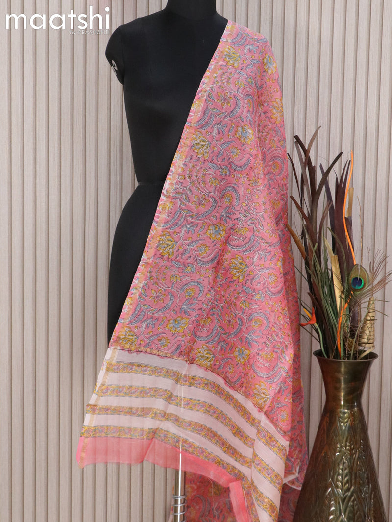 Chanderi dupatta light pink with allover floral prints and small zari woven border
