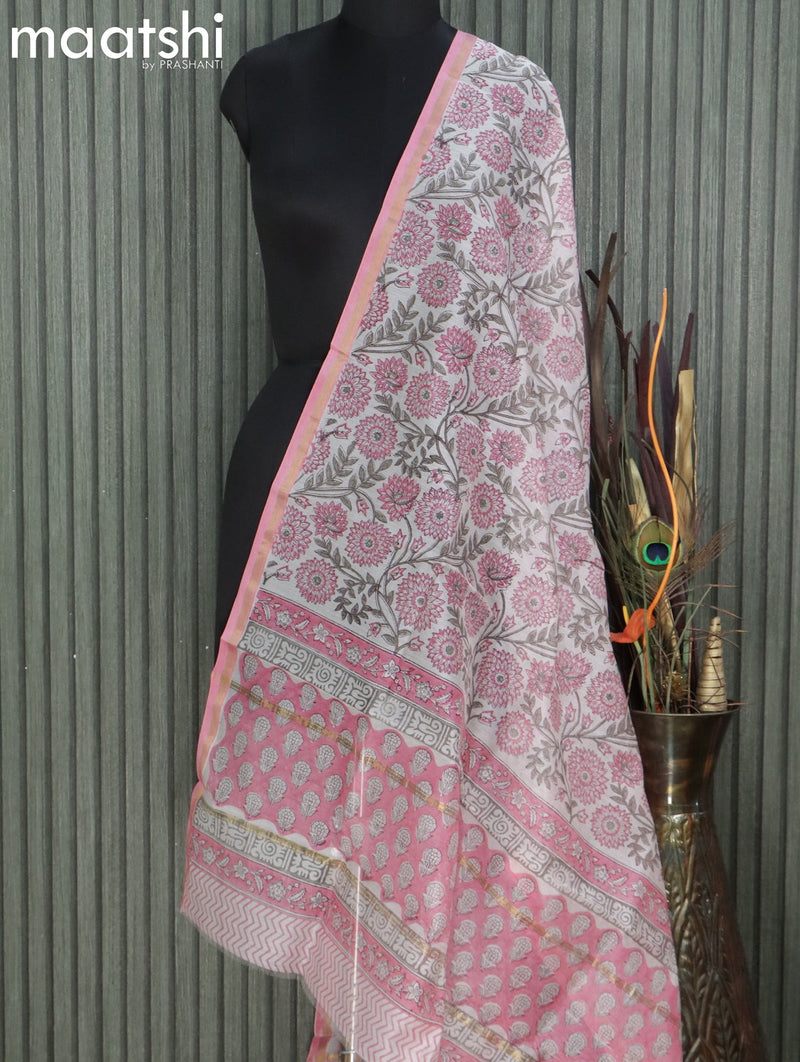 Chanderi dupatta off white and light pink with allover floral prints and small zari woven border