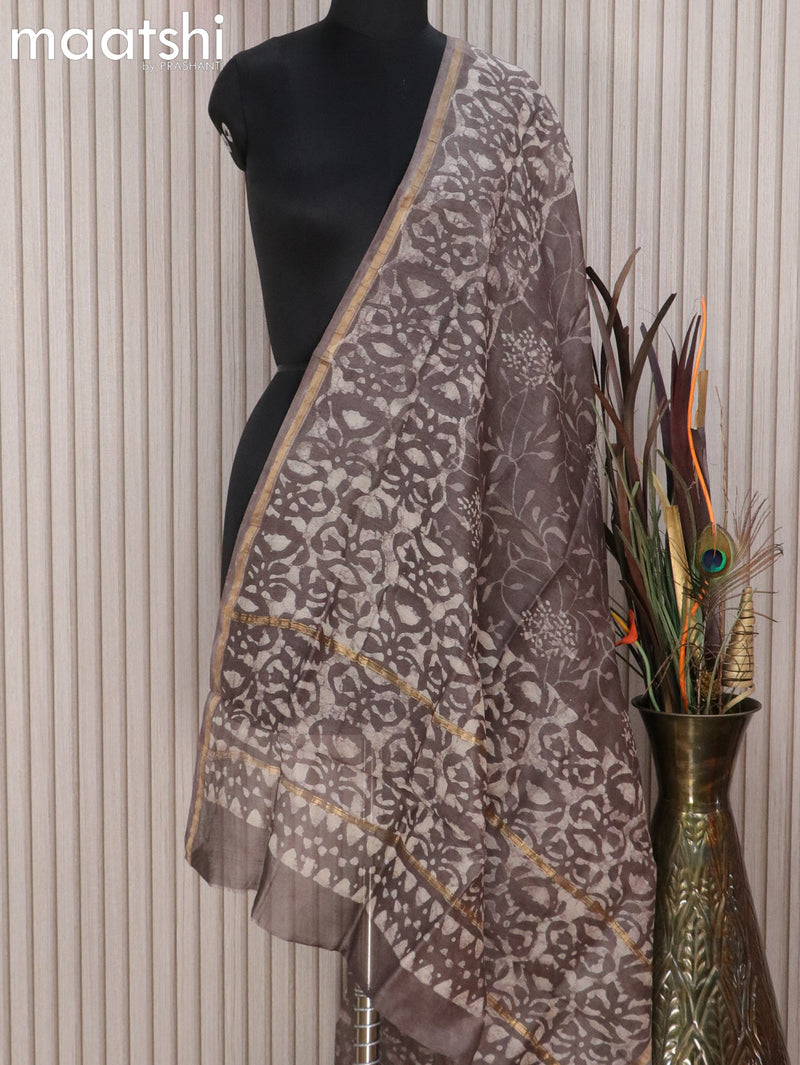 Chanderi dupatta dark brown with allover prints and small zari woven border