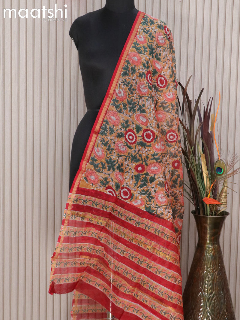 Chanderi dupatta sandal and maroon with floral prints and small zari woven border