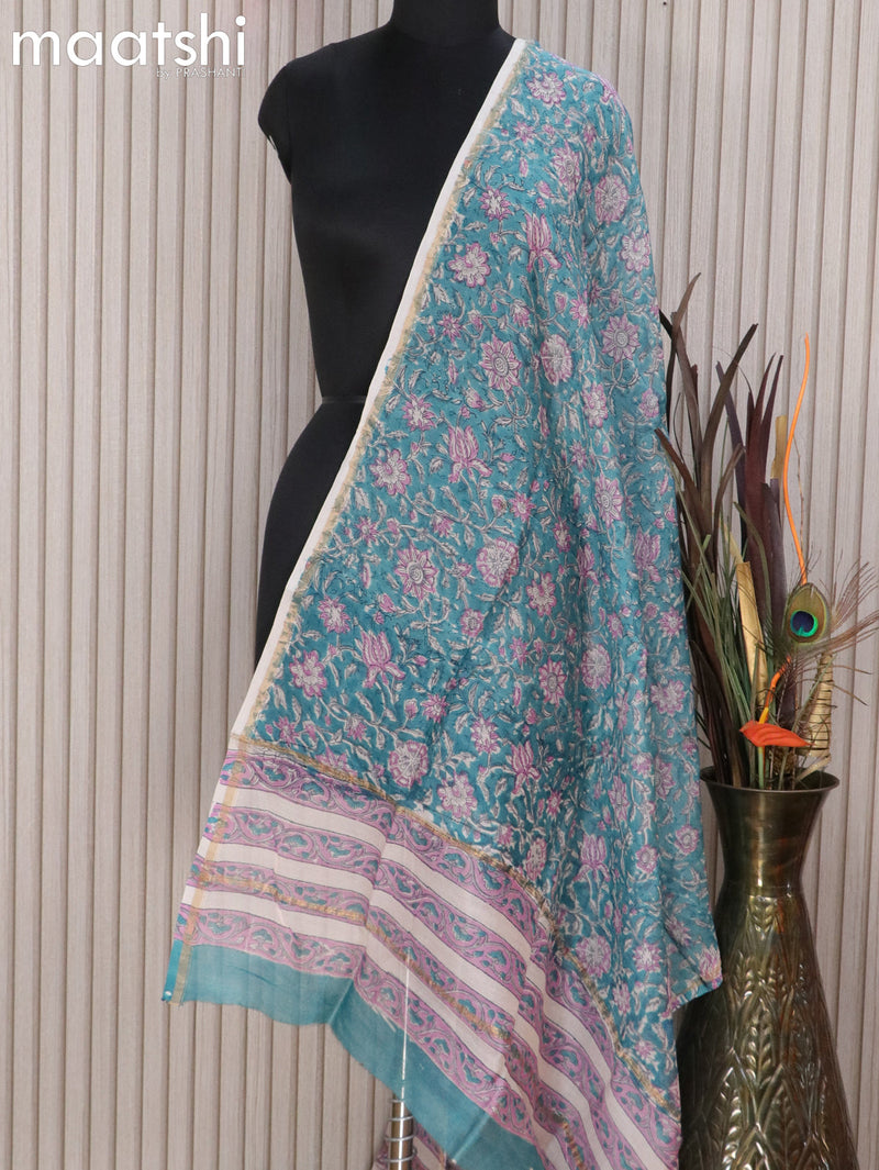 Chanderi dupatta blue shade with floral prints and small zari woven border