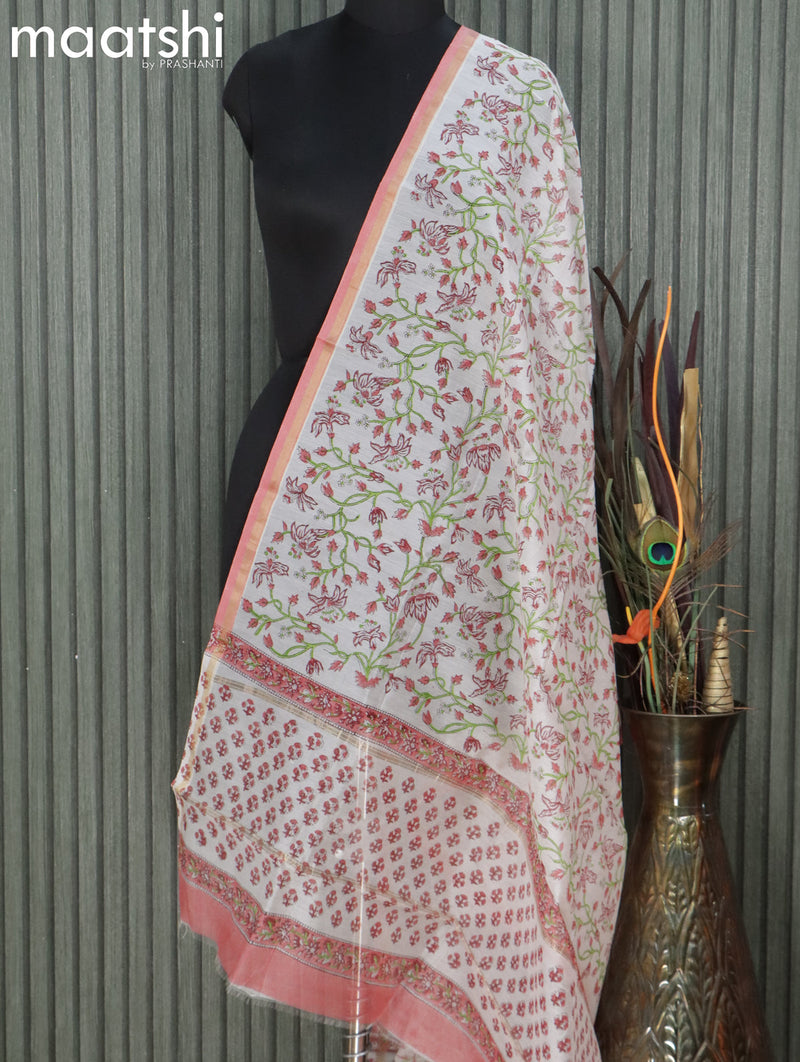 Chanderi dupatta off white and red shade with floral prints and small zari woven border