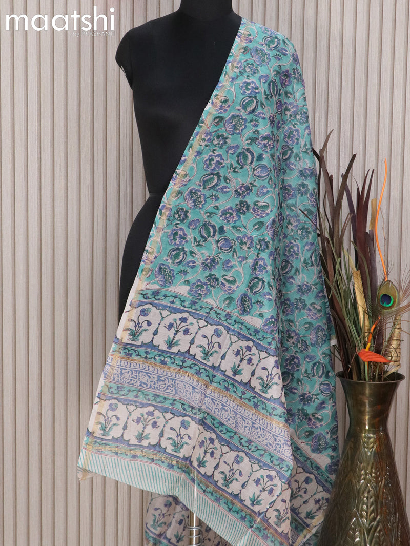 Chanderi dupatta teal blue shade with floral prints and small zari woven border
