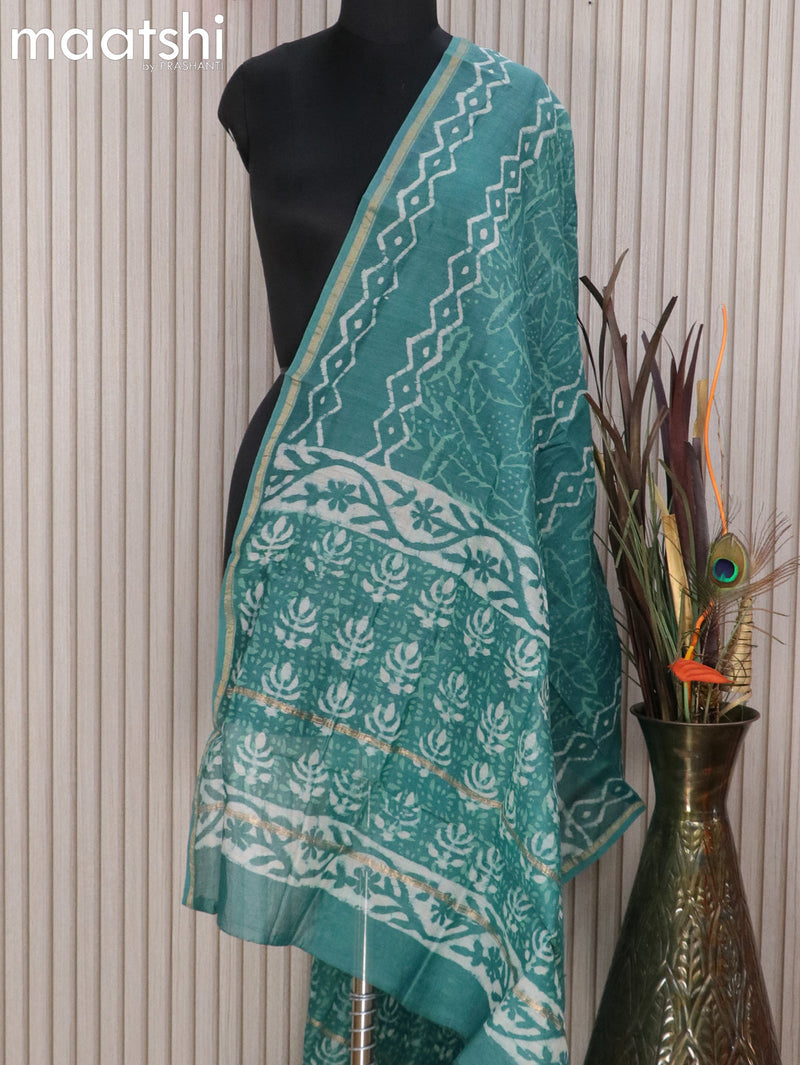 Chanderi dupatta blue with batik prints and small zari woven border