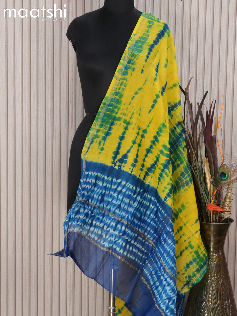 Chanderi dupatta yellow and blue with tie & dye prints and small zari woven border