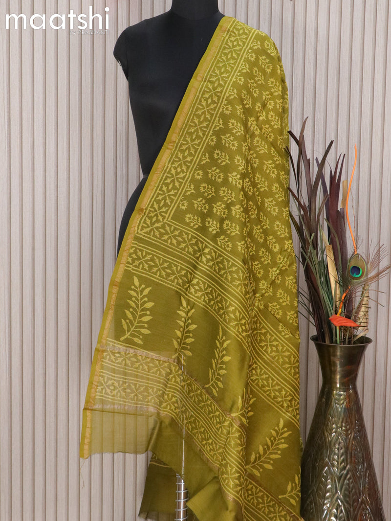 Chanderi dupatta mehendi green with allover butta prints and small zari woven border