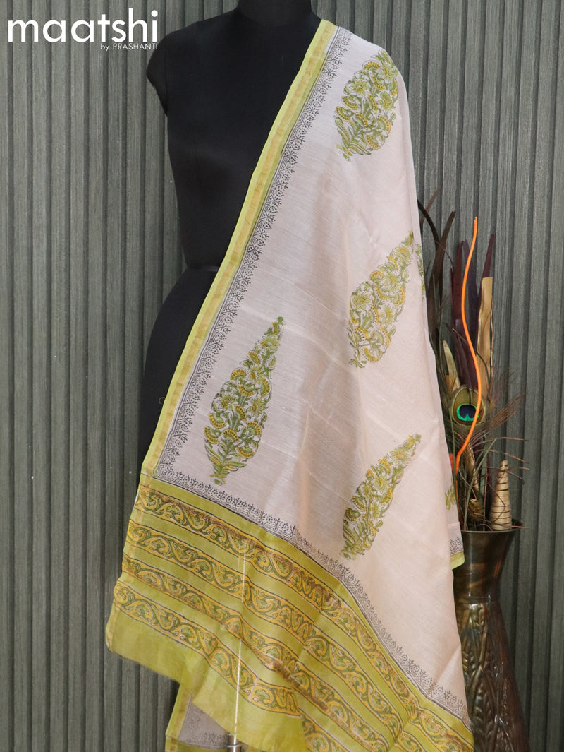 Chanderi dupatta off white and pista green with floral prints and small zari woven border