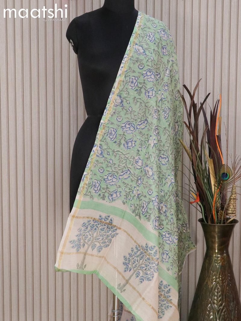 Chanderi dupatta green shade with floral prints and small zari woven border