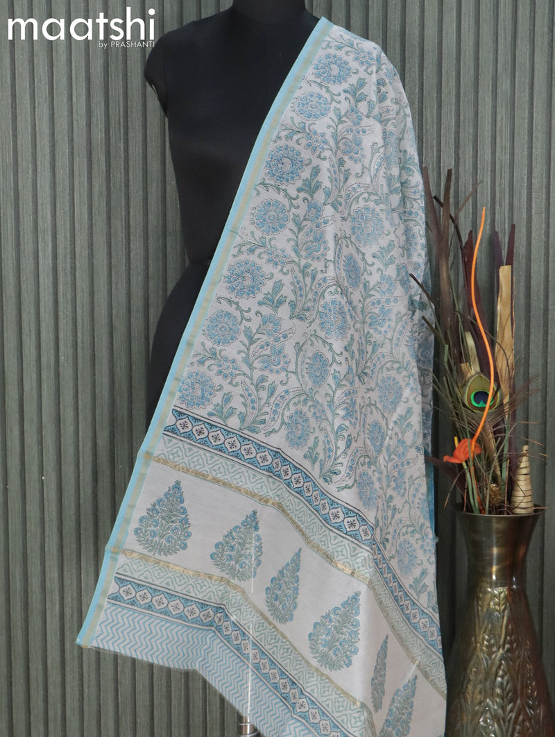 Chanderi dupatta off white and light blue with floral prints and small zari woven border