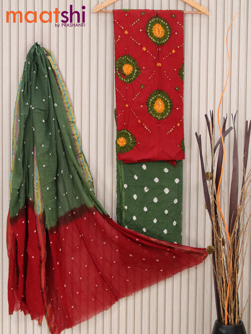Cotton dress material maroon and green with allover bandhani prints and bottom & dupatta