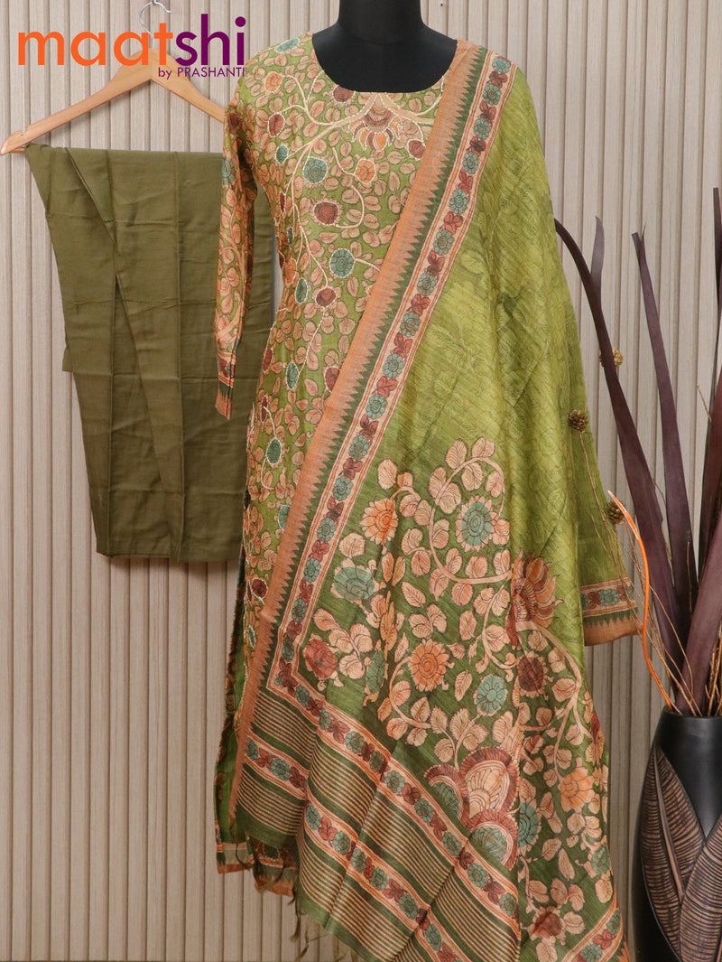 Chanderi readymade kurti set green with allover kalamkari prints & kantha stitch work and straight cut pant & dupatta